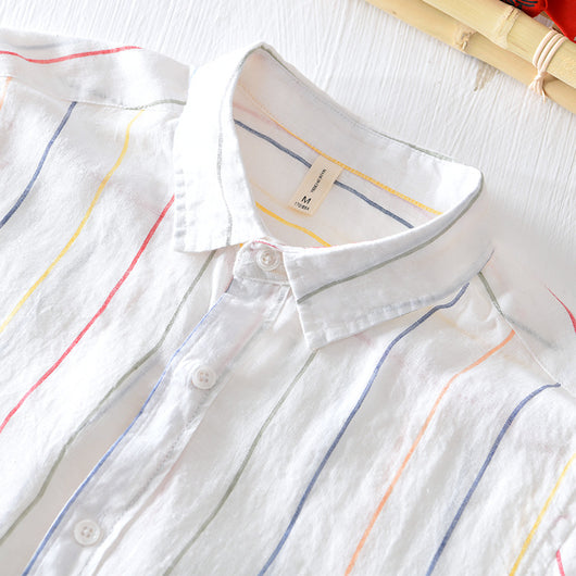 Camisa de Lino a Rayas para Hombre - Manga Corta Casual - Image 10