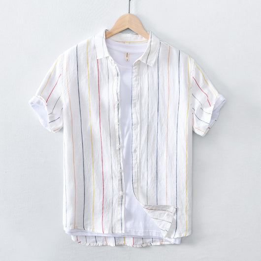 Camisa de Lino a Rayas para Hombre - Manga Corta Casual - Image 2