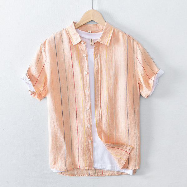 Camisa de Lino a Rayas para Hombre - Manga Corta Casual