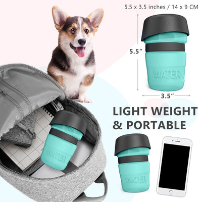 Pink and black foldable pet water bottle with integrated bowl, shown extended and collapsed, with a dog drinking. - Image 5