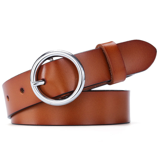 Black leather women's belt with a round gold-tone pin buckle, styled for a simple and versatile look. - Image 11