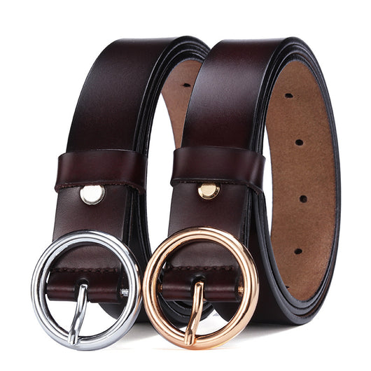 Black leather women's belt with a round gold-tone pin buckle, styled for a simple and versatile look. - Image 12