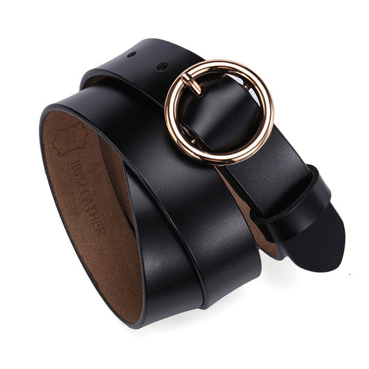 Black leather women's belt with a round gold-tone pin buckle, styled for a simple and versatile look. - Image 13