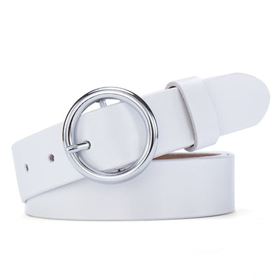 Black leather women's belt with a round gold-tone pin buckle, styled for a simple and versatile look. - Image 15