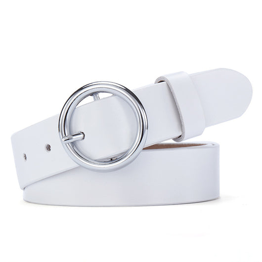 Black leather women's belt with a round gold-tone pin buckle, styled for a simple and versatile look. - Image 15