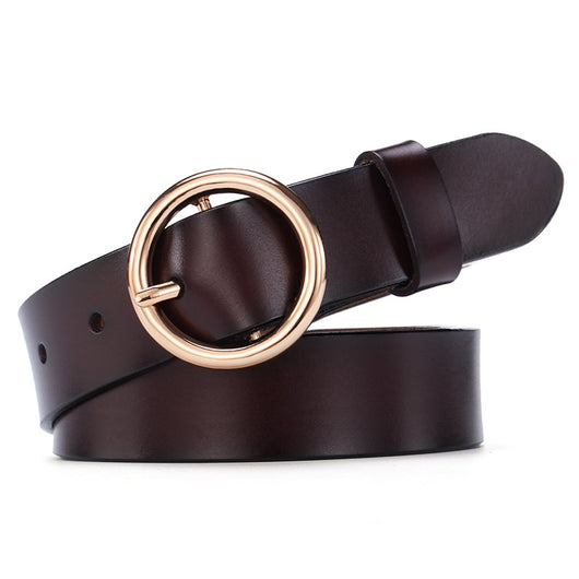 Black leather women's belt with a round gold-tone pin buckle, styled for a simple and versatile look.