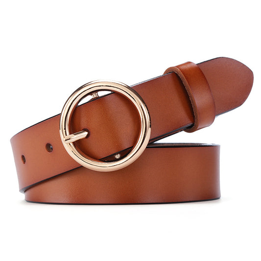 Black leather women's belt with a round gold-tone pin buckle, styled for a simple and versatile look. - Image 2