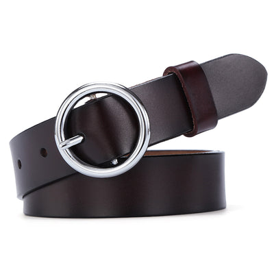 Black leather women's belt with a round gold-tone pin buckle, styled for a simple and versatile look. - Image 9