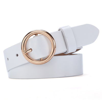 Black leather women's belt with a round gold-tone pin buckle, styled for a simple and versatile look. - Image 3