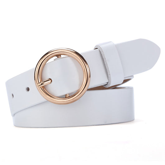 Black leather women's belt with a round gold-tone pin buckle, styled for a simple and versatile look. - Image 3