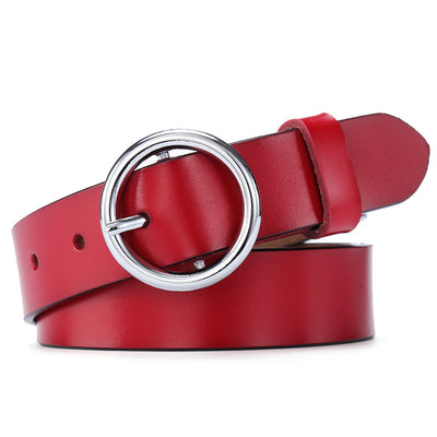Black leather women's belt with a round gold-tone pin buckle, styled for a simple and versatile look. - Image 5
