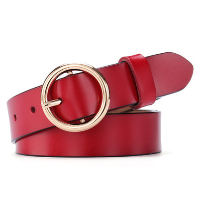 Black leather women's belt with a round gold-tone pin buckle, styled for a simple and versatile look. - Image 6