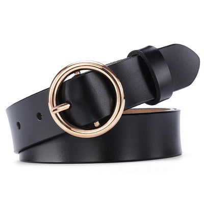 Black leather women's belt with a round gold-tone pin buckle, styled for a simple and versatile look. - Image 10