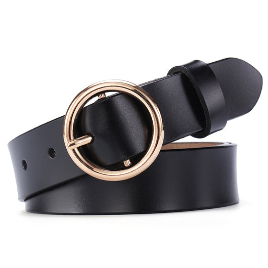 Black leather women's belt with a round gold-tone pin buckle, styled for a simple and versatile look. - Image 10