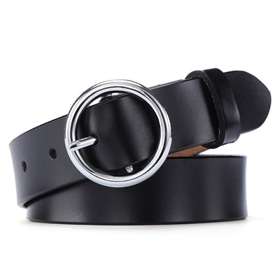 Black leather women's belt with a round gold-tone pin buckle, styled for a simple and versatile look. - Image 7