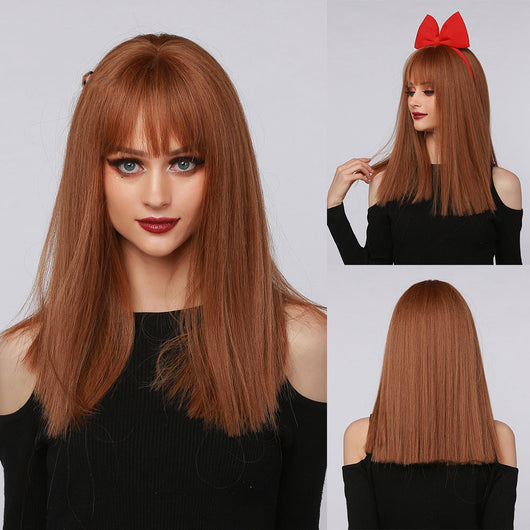 Peluca Recta Multicolor Rojo Marrón Negro con Flequillo Mediano - Image 11