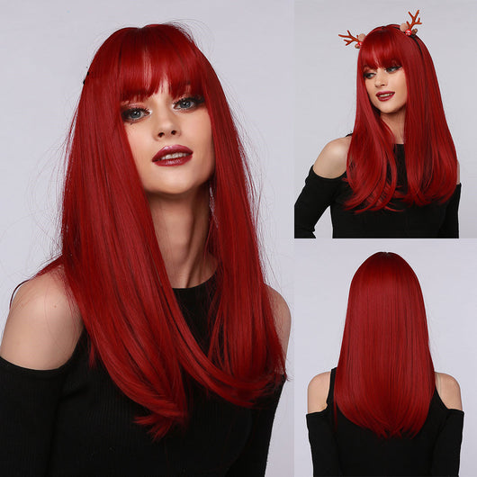 Peluca Recta Multicolor Rojo Marrón Negro con Flequillo Mediano