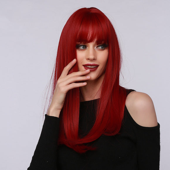Peluca Recta Multicolor Rojo Marrón Negro con Flequillo Mediano