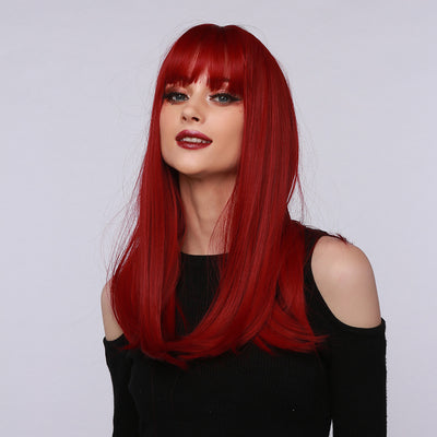 Peluca Recta Multicolor Rojo Marrón Negro con Flequillo Mediano - Image 4