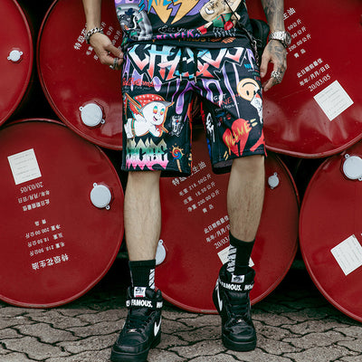 Shorts Hip-hop con Estampado Graffiti y Patrón Cartoon - Image 7