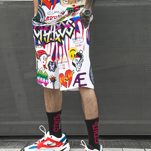 Shorts Hip-hop con Estampado Graffiti y Patrón Cartoon - Image 8