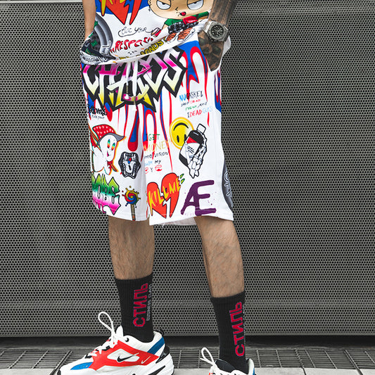 Shorts Hip-hop con Estampado Graffiti y Patrón Cartoon - Image 2