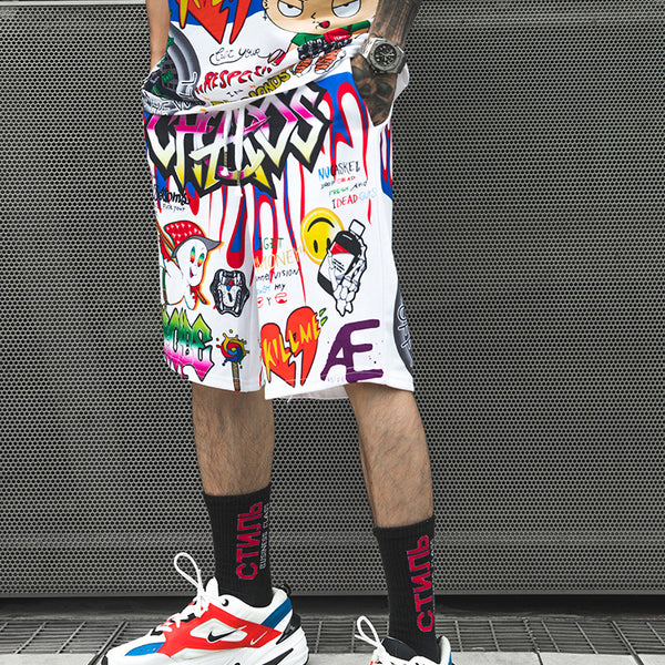 Shorts Hip-hop con Estampado Graffiti y Patrón Cartoon