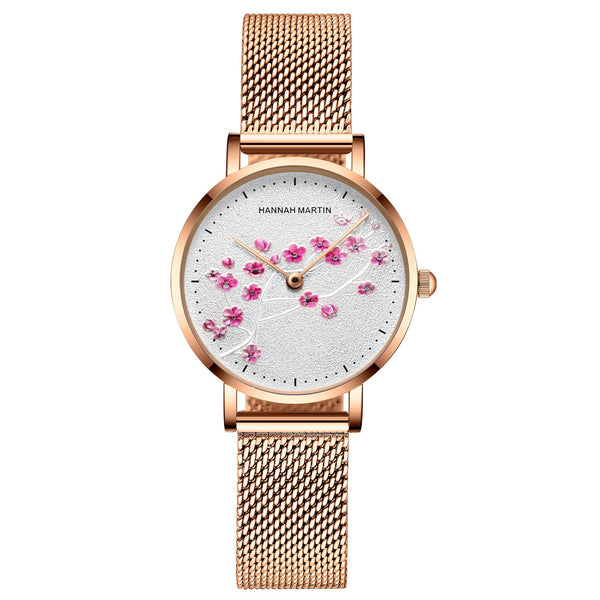 Reloj Elegante Flor de Cerezo Oro Rosado para Estudiantes y Mujeres