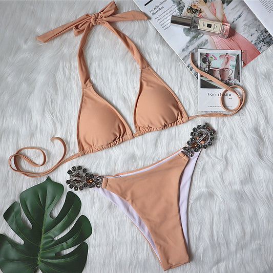 Bikini Lujo Dividido con Cristales de Diamante y Tirantes Ajustables