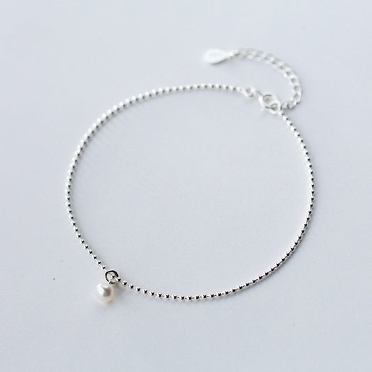 Pulsera de Tobillo Coreana Minimalista con Perlas y Bolitas de Plata