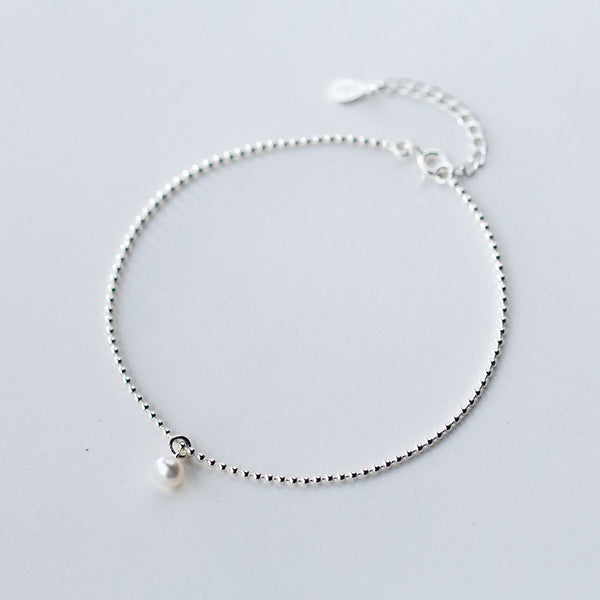 Pulsera de Tobillo Coreana Minimalista con Perlas y Bolitas de Plata