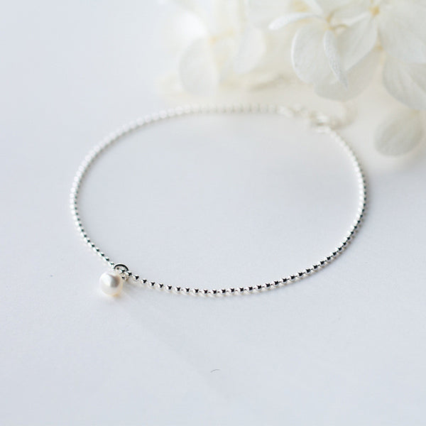 Pulsera de Tobillo Coreana Minimalista con Perlas y Bolitas de Plata