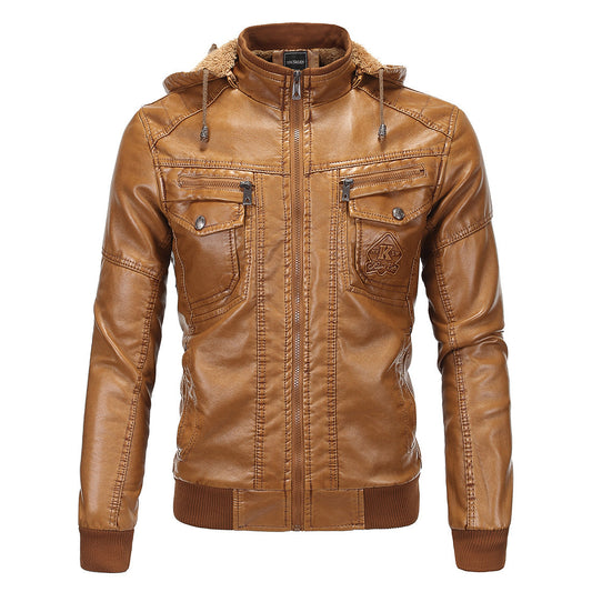 Chaqueta de Cuero con Forro Polar y Capucha