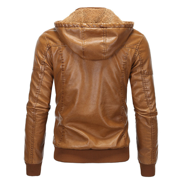 Chaqueta de Cuero con Forro Polar y Capucha
