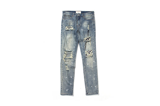 Jeans Slim Fit a Cuadros con Detalles Rotos y Micro Elasticidad