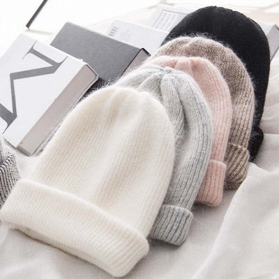 Gorro Tejido de Invierno con Pelaje de Conejo - Beanie Cálido para Mujer
