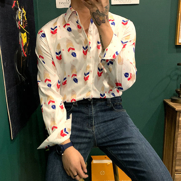 Camisa Manga Larga Slim Fit con Estampado de Plumas