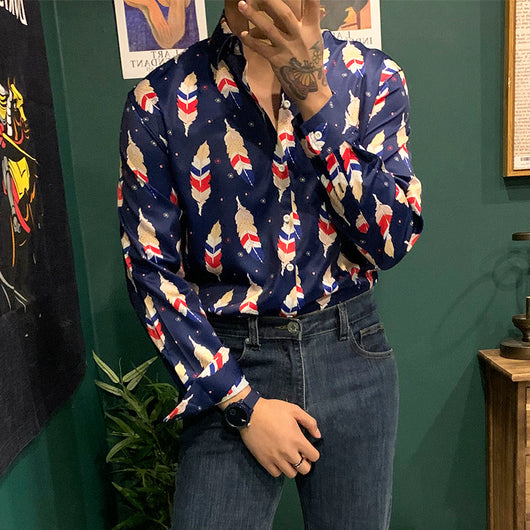 Camisa Manga Larga Slim Fit con Estampado de Plumas