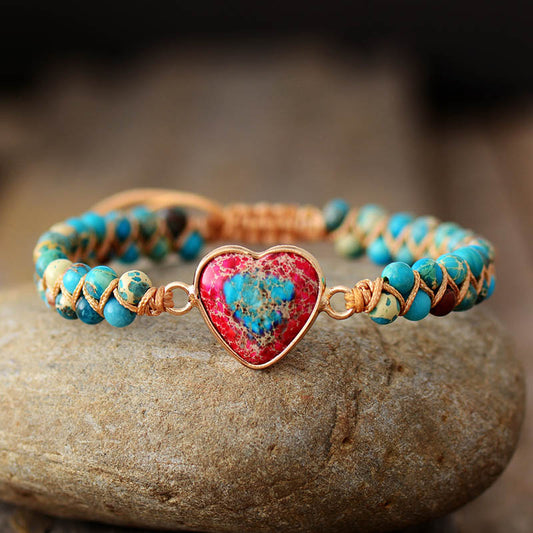 Pulsera de Piedra Emperador Rojo con Corazón de Durazno - Brazalete Trenzado de Amor