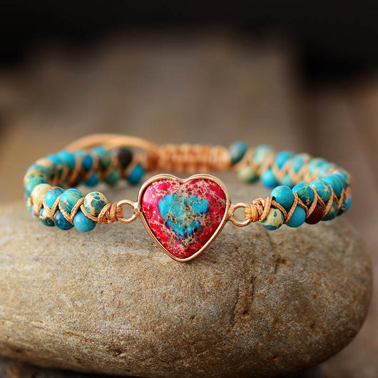 Pulsera de Piedra Emperador Rojo con Corazón de Durazno - Brazalete Trenzado de Amor