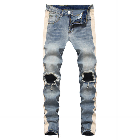 Jeans Retro Blanco Rayado con Roturas en los Tobillos para Hombre