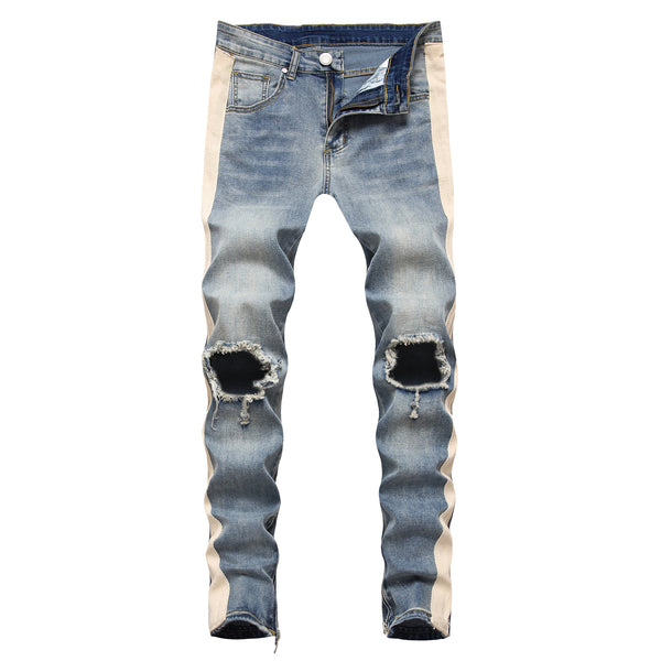 Jeans Retro Blanco Rayado con Roturas en los Tobillos para Hombre