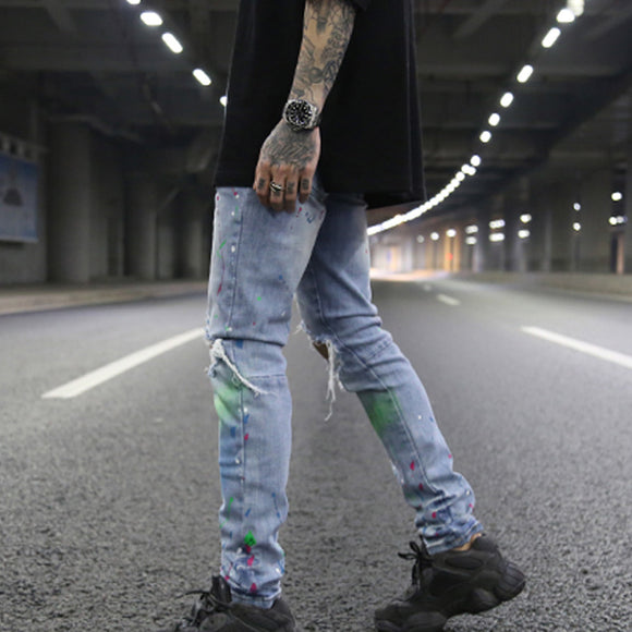 Jeans Slim Stretch Rotos con Detalles de Tinta de Colores