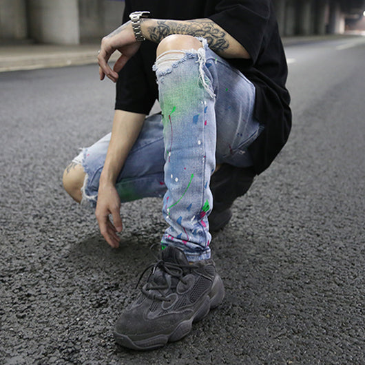 Jeans Slim Stretch Rotos con Detalles de Tinta de Colores - Image 3