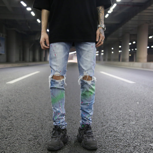 Jeans Slim Stretch Rotos con Detalles de Tinta de Colores