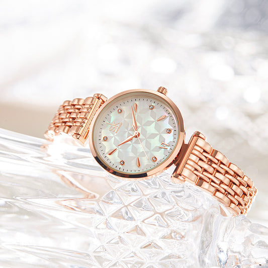 Reloj de Dama con Bisel de Perlas y Esfera de Concha - Cuarzo Resistente