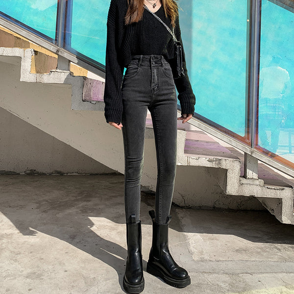 Pantalones Skinny Gris Ahumado Con Puños Ajustados Y Forro Polar
