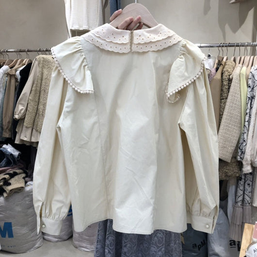 Blusa Francesa Elegante con Cuello Doblado y Detalles de Orejas de Madera - Image 4
