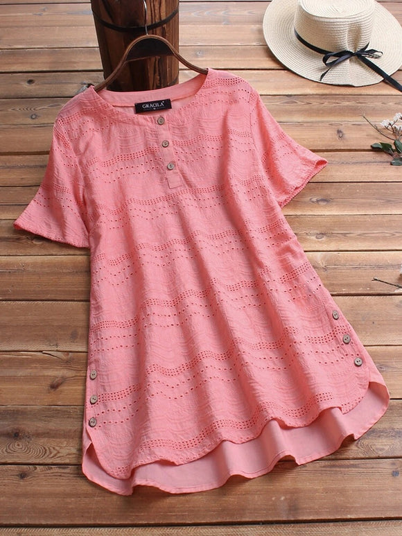 Blusa Bordada de Manga Corta con Botones