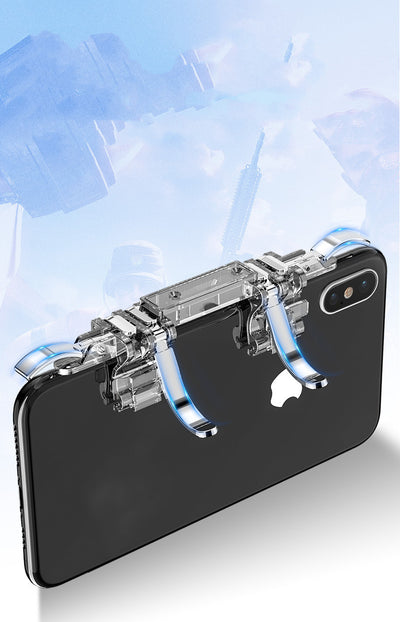 Six-finger linkage metal button gamepad in clear and silver, attached to a smartphone displaying a game. - Image 8